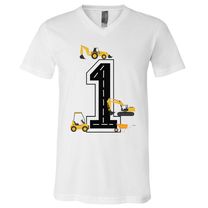 1st Birthday Crane Excavator Truck 1 Year Old Diggers V-Neck T-Shirt