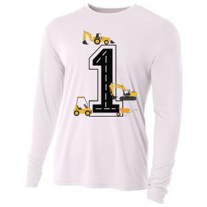 1st Birthday Crane Excavator Truck 1 Year Old Diggers Cooling Performance Long Sleeve Crew