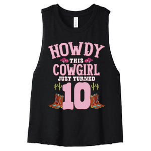 10th Birthday Cow Howdy Western Themed Birthday Women's Racerback Cropped Tank