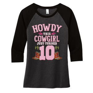 10th Birthday Cow Howdy Western Themed Birthday Women's Tri-Blend 3/4-Sleeve Raglan Shirt