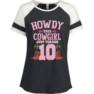 10th Birthday Cow Howdy Western Themed Birthday Enza Ladies Jersey Colorblock Tee