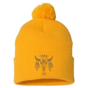 1883 Boho Cow Skull Cute Country Western Yellowstone Graphic Pom Pom 12in Knit Beanie