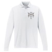 1883 Boho Cow Skull Cute Country Western Yellowstone Graphic Performance Long Sleeve Polo