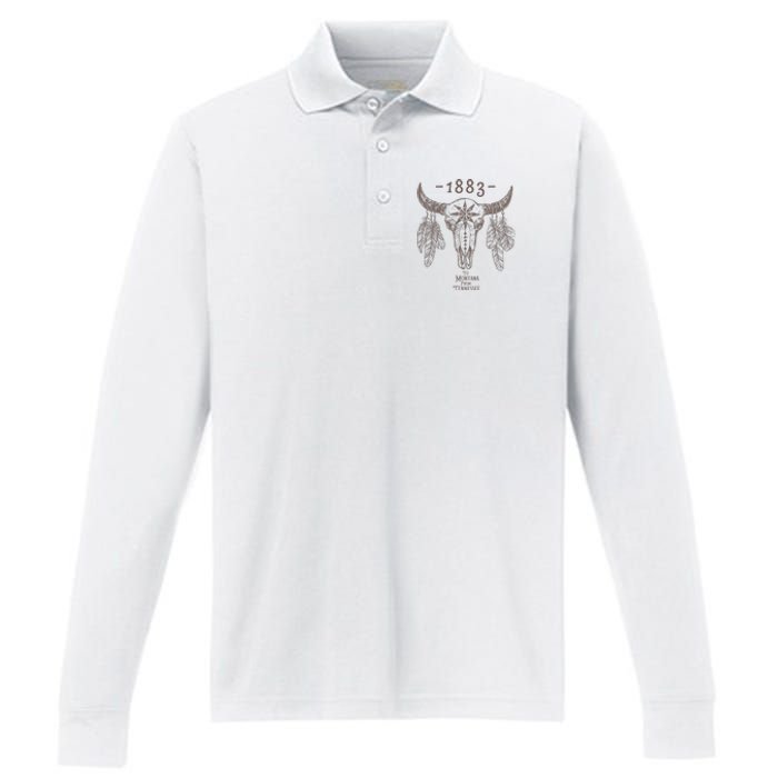 1883 Boho Cow Skull Cute Country Western Yellowstone Graphic Performance Long Sleeve Polo