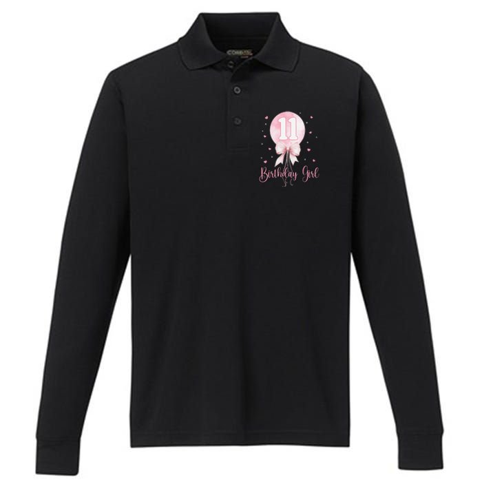 11th Birthday Coquette Pin.K Bow Balloon 11 Yrs Old Bday Performance Long Sleeve Polo