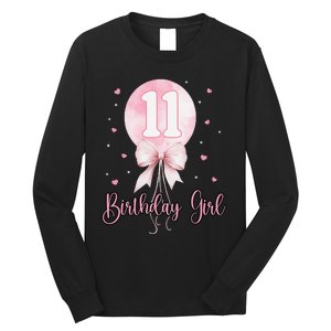 11th Birthday Coquette Pin.K Bow Balloon 11 Yrs Old Bday Long Sleeve Shirt