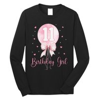 11th Birthday Coquette Pin.K Bow Balloon 11 Yrs Old Bday Long Sleeve Shirt