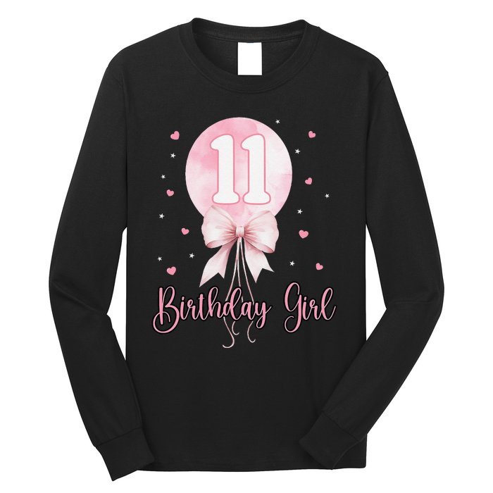 11th Birthday Coquette Pin.K Bow Balloon 11 Yrs Old Bday Long Sleeve Shirt