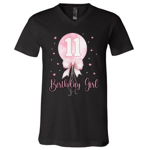 11th Birthday Coquette Pin.K Bow Balloon 11 Yrs Old Bday V-Neck T-Shirt