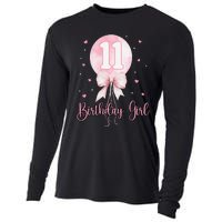 11th Birthday Coquette Pin.K Bow Balloon 11 Yrs Old Bday Cooling Performance Long Sleeve Crew