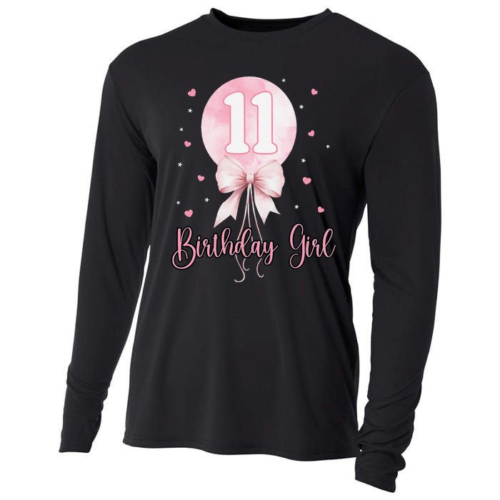 11th Birthday Coquette Pin.K Bow Balloon 11 Yrs Old Bday Cooling Performance Long Sleeve Crew