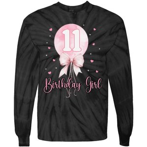 11th Birthday Coquette Pin.K Bow Balloon 11 Yrs Old Bday Tie-Dye Long Sleeve Shirt