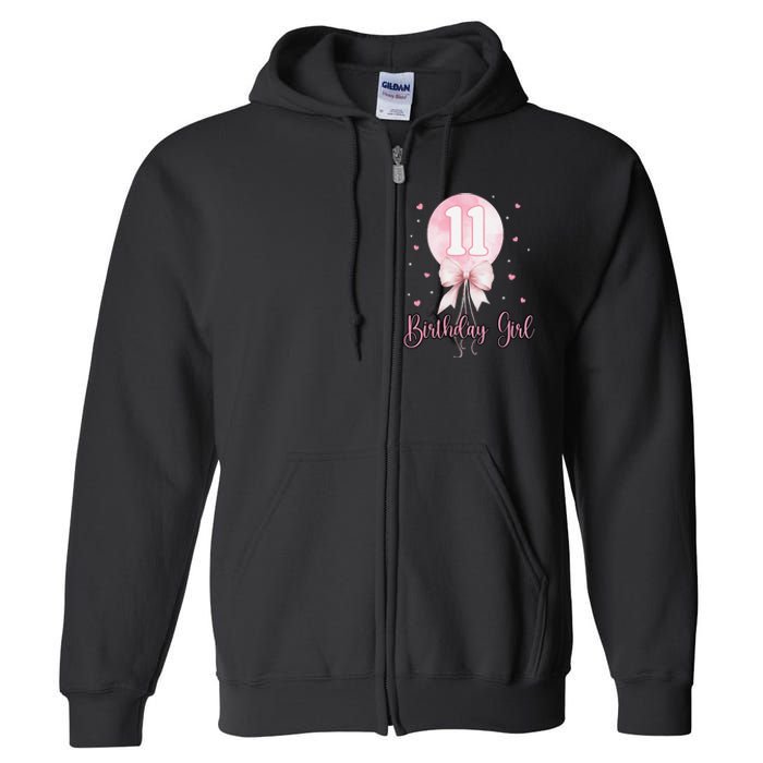 11th Birthday Coquette Pin.K Bow Balloon 11 Yrs Old Bday Full Zip Hoodie