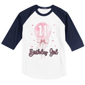 11th Birthday Coquette Pin.K Bow Balloon 11 Yrs Old Bday Baseball Sleeve Shirt