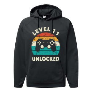 11th Birthday Decoration Gift Level 11 Unlocked Video Gamer Performance Fleece Hoodie