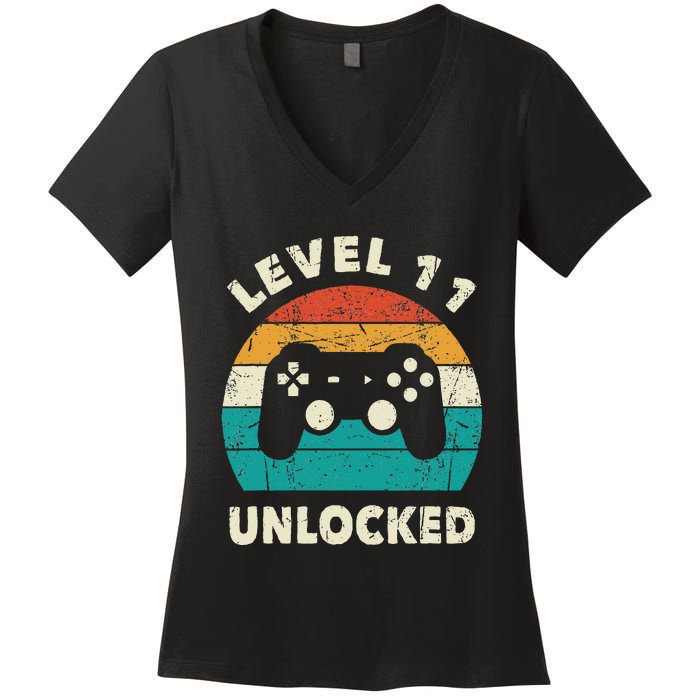 11th Birthday Decoration Gift Level 11 Unlocked Video Gamer Women's V-Neck T-Shirt