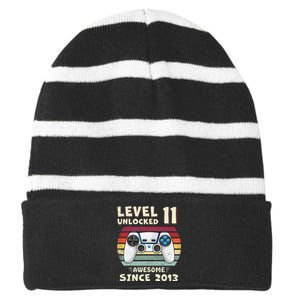 11th Birthday Decoration Boy 11yr 11 Year Old Birthday Striped Beanie with Solid Band