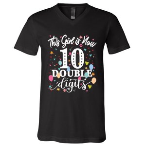 10th Birthday Funny Gift This Girl Is Now 10 Double Digits Gift V-Neck T-Shirt