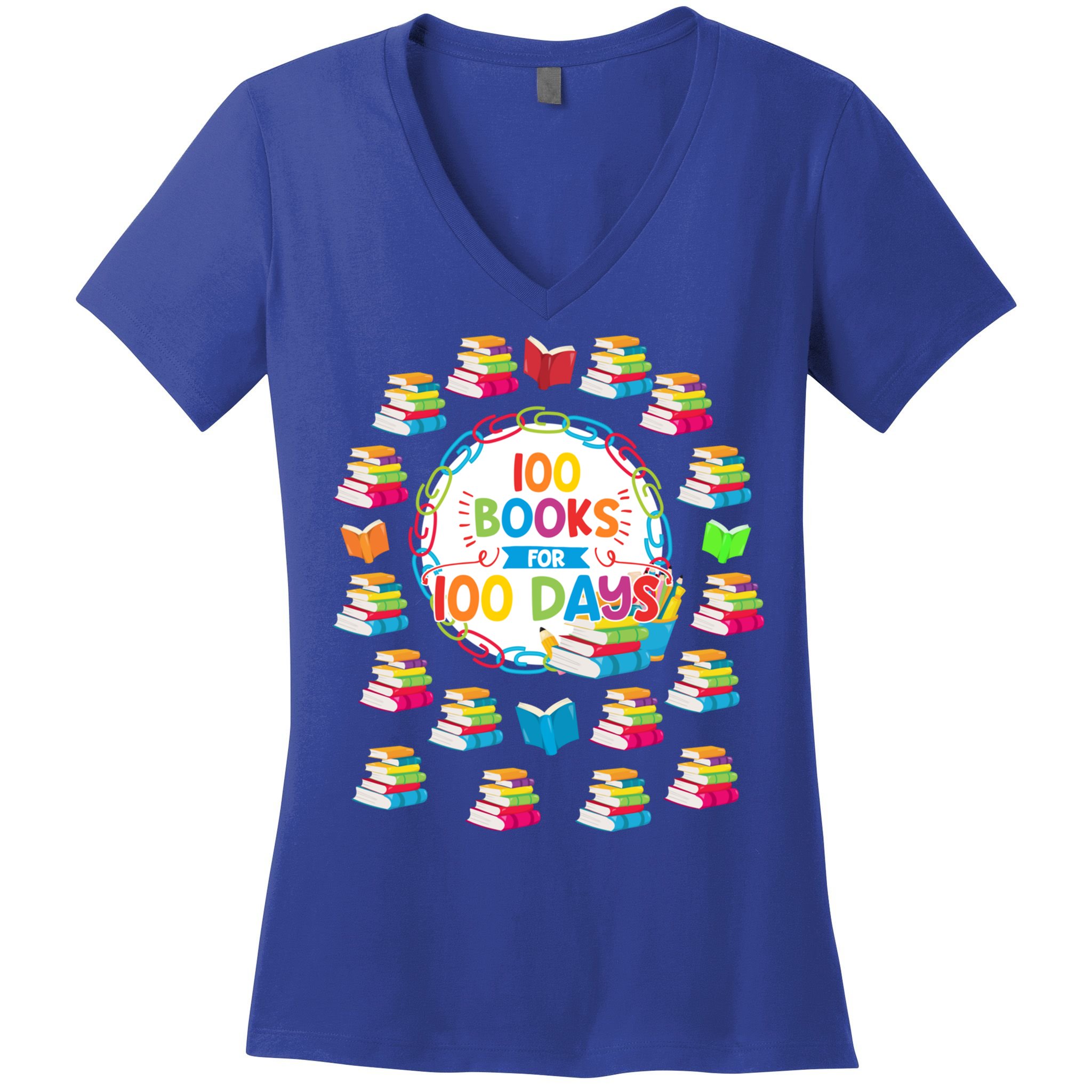 100 Books For 100 Days 100th Day Of School Gift Teacher Meaningful Gift Women's V-Neck T-Shirt