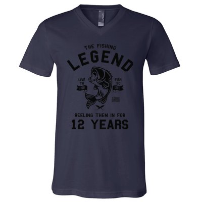 12th Birthday Gift The Fishing Legend 12 Years Fisherman Gift V-Neck T-Shirt