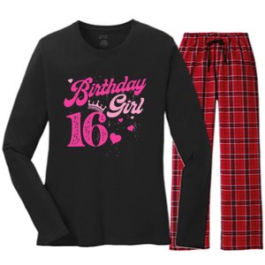 16th Birthday Girl Crown 16 Years Old Bday Women's Long Sleeve Flannel Pajama Set 