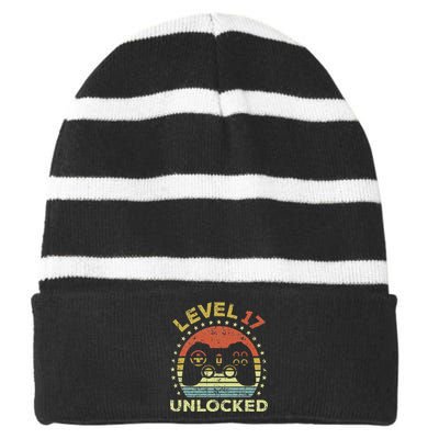 17th Birthday Gaming Level 17 Unlocked Striped Beanie with Solid Band