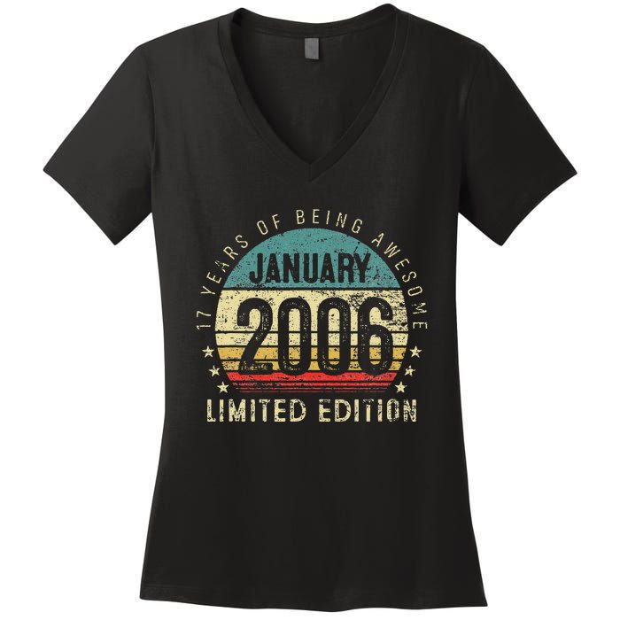 17th Birthday Gift Vintage January 2006 17 Years Old Women's V-Neck T-Shirt