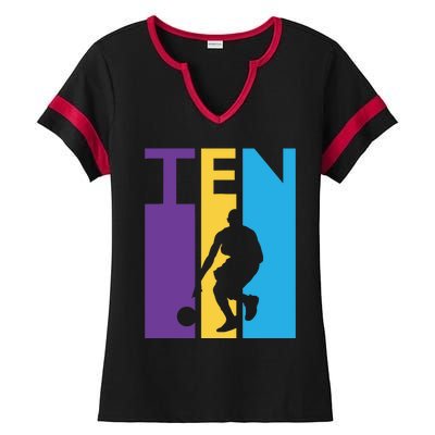 10th Birthday Gift Ten Colorful Basketball 10 Year Old Ladies Halftime Notch Neck Tee