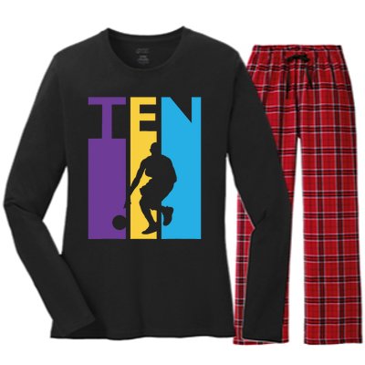 10th Birthday Gift Ten Colorful Basketball 10 Year Old Women's Long Sleeve Flannel Pajama Set 