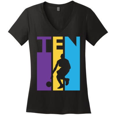 10th Birthday Gift Ten Colorful Basketball 10 Year Old Women's V-Neck T-Shirt