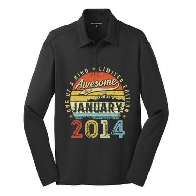 10th Birthday Gift Awesome Since January 2014 10 Year Old Silk Touch Performance Long Sleeve Polo