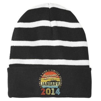 10th Birthday Gift Awesome Since January 2014 10 Year Old Striped Beanie with Solid Band