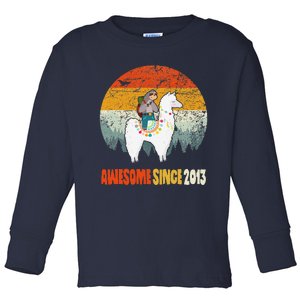 10th Birthday Gifts Awesome Since 2013 Sloth Riding Llama Toddler Long Sleeve Shirt