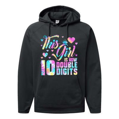 10th Birthday Gift This Girl Is Now 10 Double Digits Tie Dye Performance Fleece Hoodie