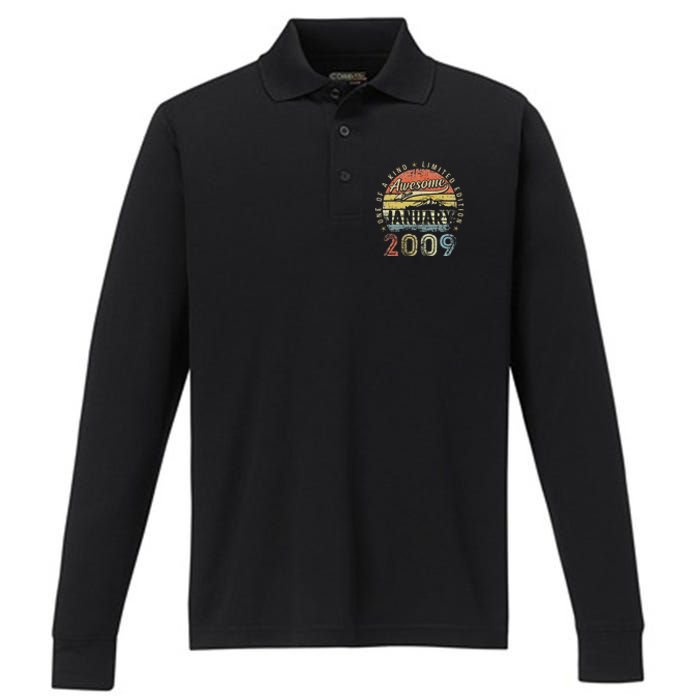 14th Birthday Gift Awesome Since January 2009 14 Year Old Performance Long Sleeve Polo