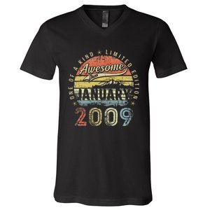 14th Birthday Gift Awesome Since January 2009 14 Year Old V-Neck T-Shirt