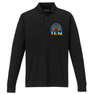 10th Birthday Gift Rainbow Fan 10 Years Olds 10 Bday Performance Long Sleeve Polo