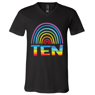 10th Birthday Gift Rainbow Fan 10 Years Olds 10 Bday V-Neck T-Shirt