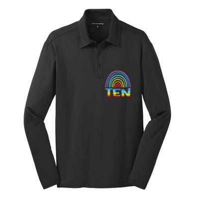 10th Birthday Gift Rainbow Fan 10 Years Olds 10 Bday Silk Touch Performance Long Sleeve Polo