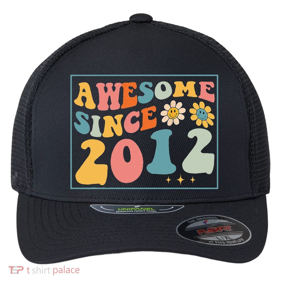 10th Birthday Gifts Awesome Since 2012 10 Years Old Groovy Flexfit Unipanel Trucker Cap