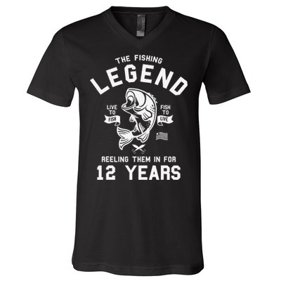 12th Birthday Gift The Fishing Legend 12 Years Fisherman V-Neck T-Shirt