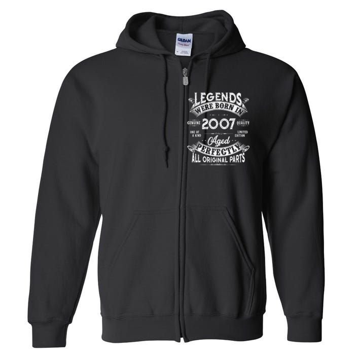 15th Birthday Gift Vintage Legends Born In 2007 15 Years Old Full Zip Hoodie