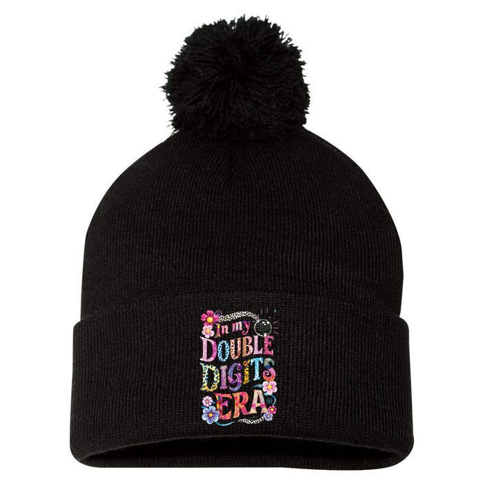 10th Birthday Girl In My Double Digits Era Retro 10 Year Old Pom Pom 12in Knit Beanie