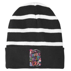 10th Birthday Girl In My Double Digits Era Retro 10 Year Old Striped Beanie with Solid Band