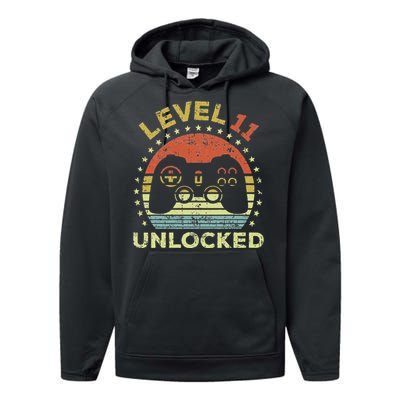 11th Birthday Gaming Level 11 Unlocked Performance Fleece Hoodie