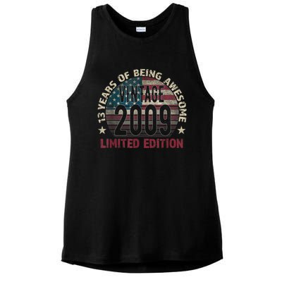 13th Birthday Gift Boys Vintage 2009 13 Years Old USA Flag Ladies PosiCharge Tri-Blend Wicking Tank