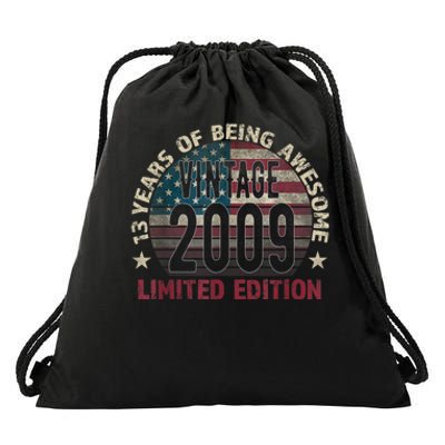 13th Birthday Gift Boys Vintage 2009 13 Years Old USA Flag Drawstring Bag