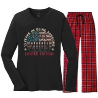 13th Birthday Gift Boys Vintage 2009 13 Years Old USA Flag Women's Long Sleeve Flannel Pajama Set 