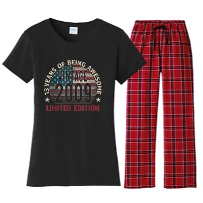 13th Birthday Gift Boys Vintage 2009 13 Years Old USA Flag Women's Flannel Pajama Set