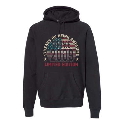 13th Birthday Gift Boys Vintage 2009 13 Years Old USA Flag Premium Hoodie